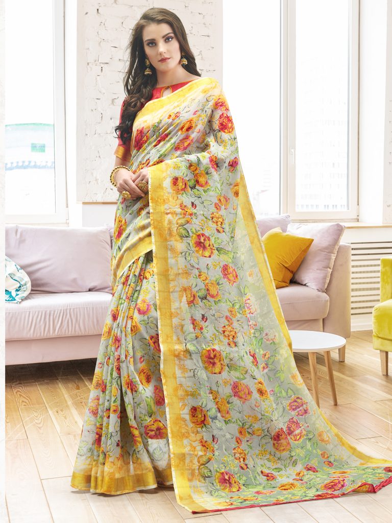 printed linen saree